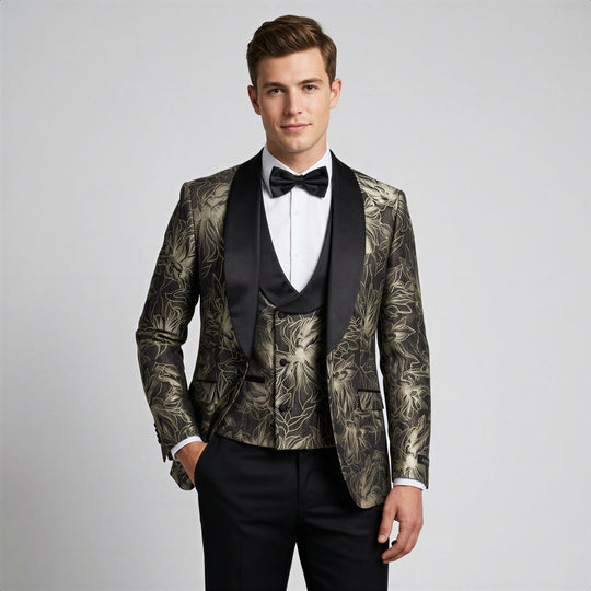 Black & Gold Floral Shawl Lapel Tuxedo Set – Wedding & Prom
