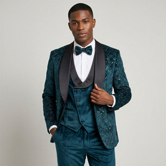 Teal Green Velvet Patterned Shawl Lapel Tuxedo Set – Wedding & Prom
