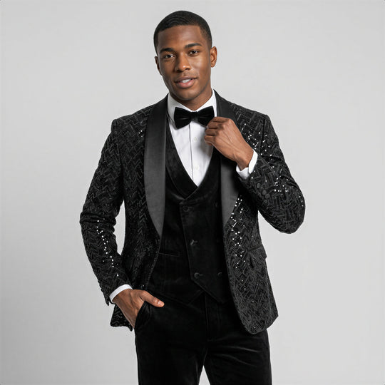 Black Velvet Patterned Shawl Lapel Tuxedo Set – Wedding & Prom