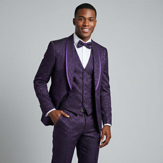 Purple Floral Shawl Lapel Tuxedo Set with Satin Trim – Wedding & Prom