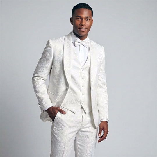 White Floral Shawl Lapel Tuxedo Set with Satin Trim – Wedding & Prom