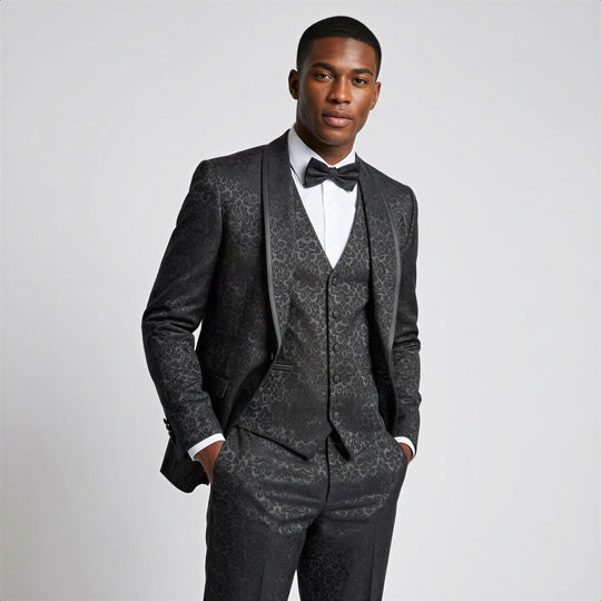 Black Floral Shawl Lapel Tuxedo Set with Satin Trim – Wedding & Prom