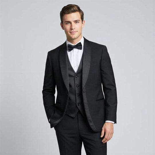Black Double Shawl Lapel Tuxedo with Satin Trim – Wedding & Prom
