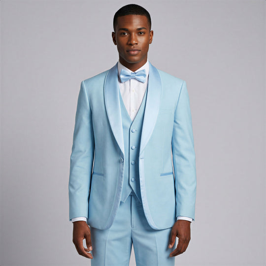 Light Blue Double Shawl Lapel Tuxedo with Satin Trim – Wedding & Prom