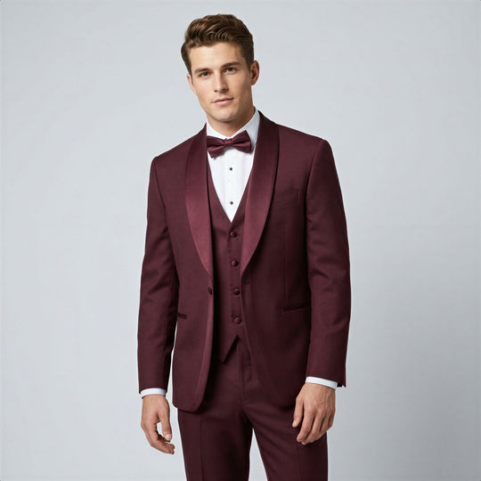 Burgundy Double Shawl Lapel Tuxedo with Satin Trim – Wedding & Prom
