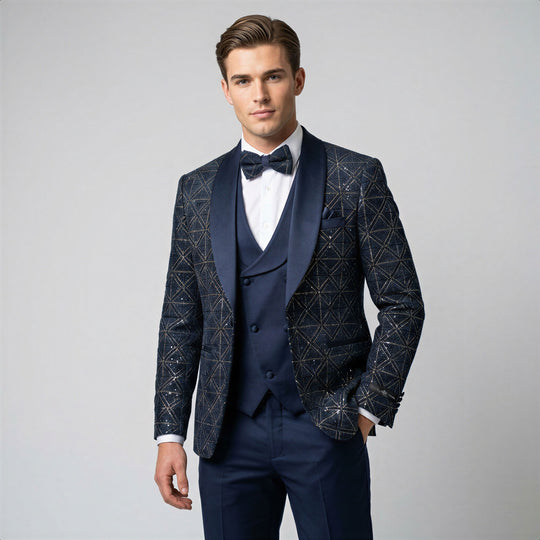 Navy Blue Velvet Patterned Shawl Lapel Tuxedo Set – Wedding & Prom
