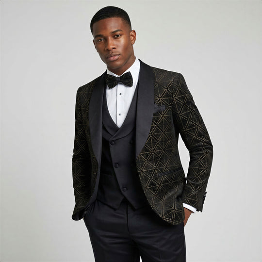 Black & Gold Velvet Patterned Shawl Lapel Tuxedo Set – Wedding & Prom