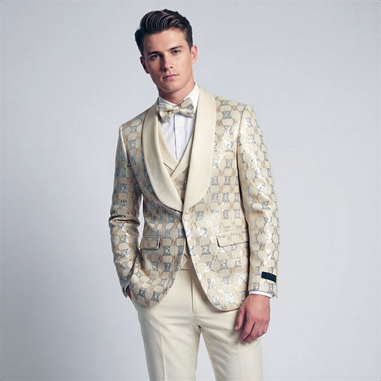 Ivory Shiny Patterned Shawl Lapel Tuxedo Set – Wedding & Prom