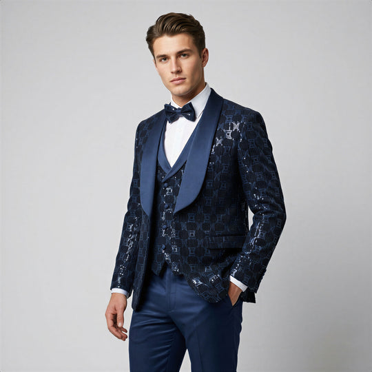 Navy Blue Shiny Patterned Shawl Lapel Tuxedo Set – Wedding & Prom