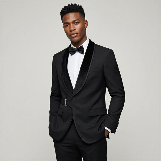 Black Belted Shawl Lapel Tuxedo with Velvet Lapel – Wedding & Prom