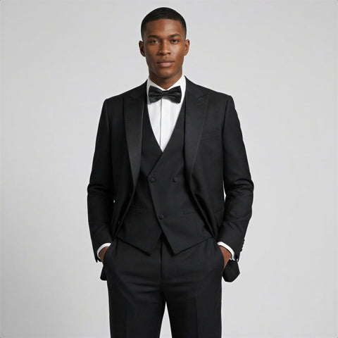 Man wearing a black tuxedo with a white shirt and black bow tie on a light gray background