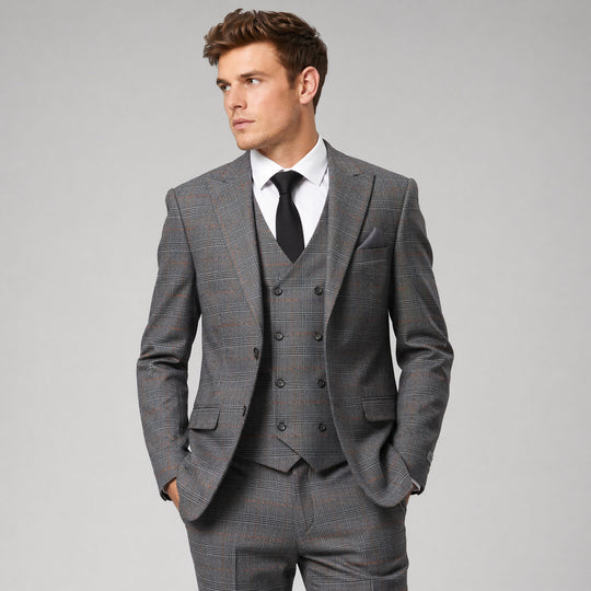 Grey Windowpane Three-Piece Suit with Peak Lapel – Wedding & Prom