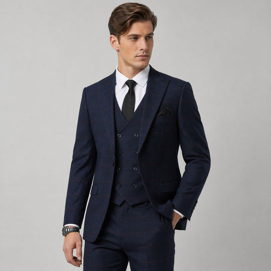 Navy Windowpane Three-Piece Suit with Peak Lapel – Wedding & Prom