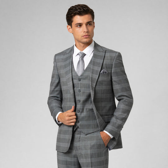 Grey Glen Check Three-Piece Suit with Peak Lapel – Wedding & Prom