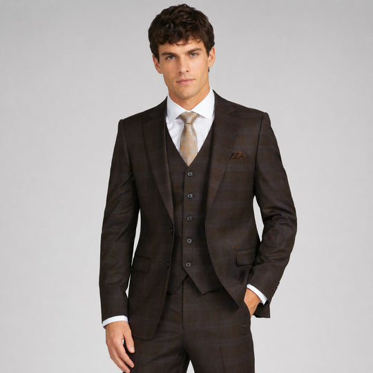 Brown Glen Check Three-Piece Suit with Peak Lapel – Wedding & Prom