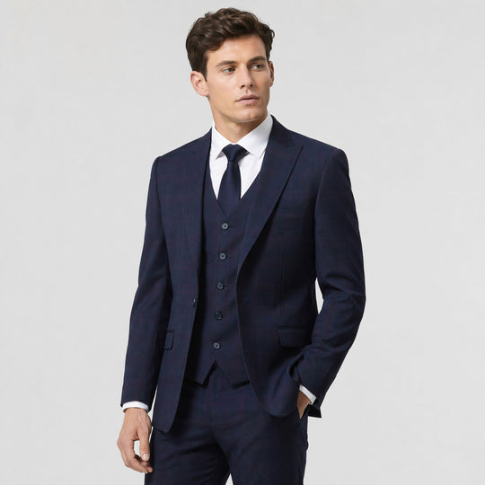 Navy Glen Check Three-Piece Suit with Peak Lapel – Wedding & Prom