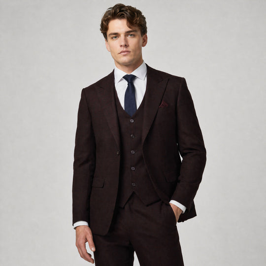 Burgundy Tattersall Pattern Three-Piece Suit with Peak Lapel – Wedding & Prom