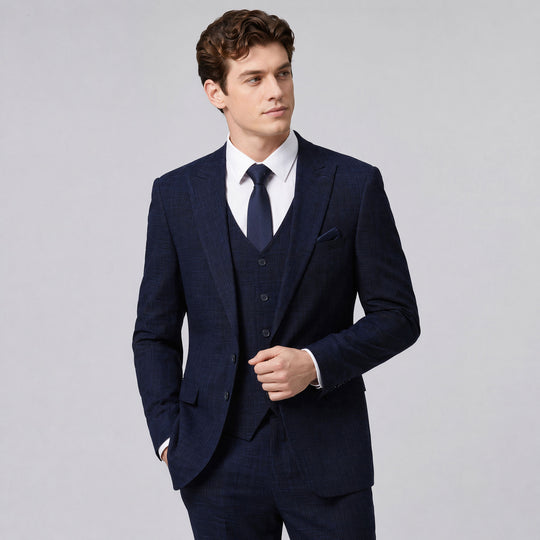 Navy Blue Tattersall Pattern Three-Piece Suit with Peak Lapel – Wedding & Prom