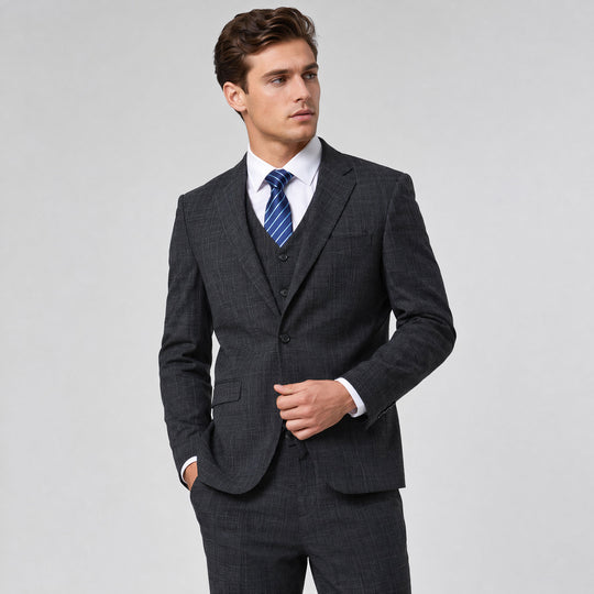 Charcoal Tattersall Pattern Three-Piece Suit with Peak Lapel – Wedding & Prom