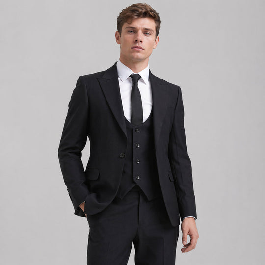 Black Three Piece Suit with Large Peak Lapel – Wedding & Prom