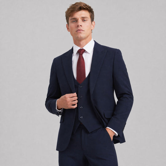 Navy Blue Three Piece Suit with Large Peak Lapel – Wedding & Prom
