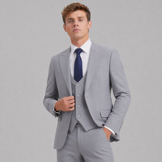 Light Grey Three Piece Suit with Large Peak Lapel – Wedding & Prom