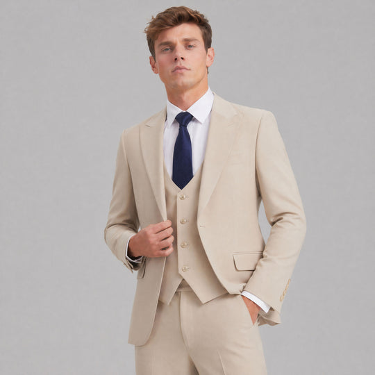 Tan 3-Piece Suit with Large Peak Lapel – Wedding & Prom