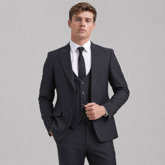 Charcoal Gray Three Piece Suit with Large Peak Lapel – Wedding & Prom