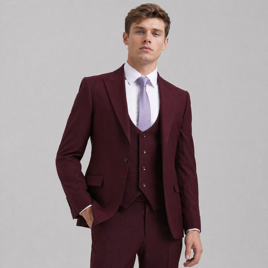 Burgundy Slim Fit 3-Piece Suit with Large Peak Lapel – Wedding & Prom