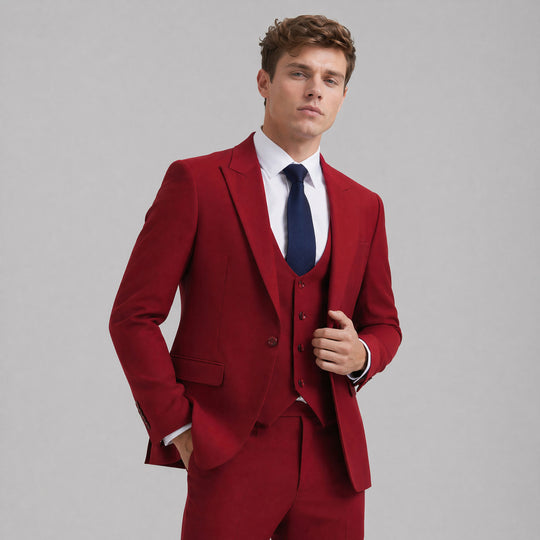 Red Three Piece Suit with Large Peak Lapel – Wedding & Prom