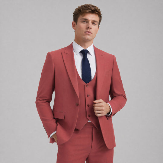 Coral 3-Piece Suit with Large Peak Lapel – Wedding & Prom