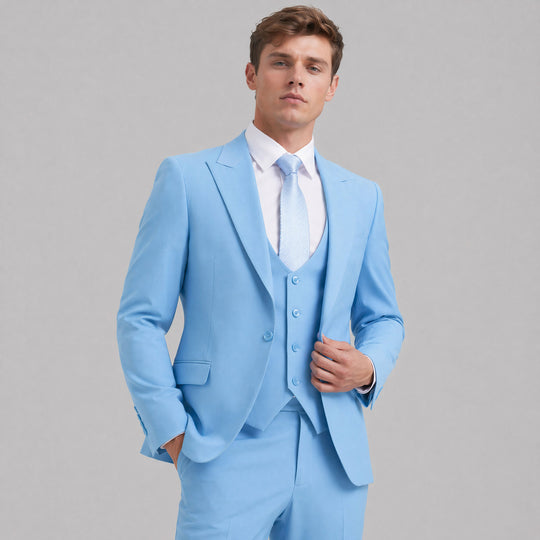 Light Blue 3-Piece Suit with Large Peak Lapel – Wedding & Prom