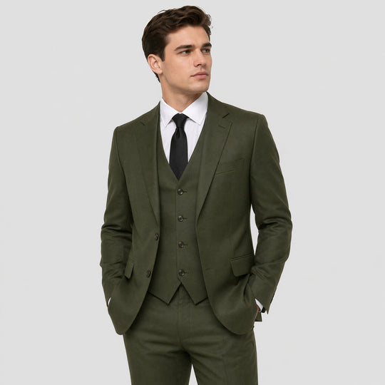 Olive Green 3-Piece Suit with Large Notch Lapel – Wedding & Prom