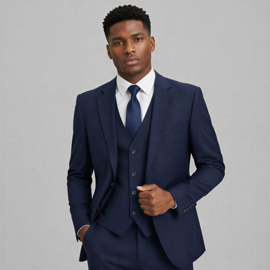 Navy Blue 3-Piece Suit with Large Notch Lapel – Wedding & Prom