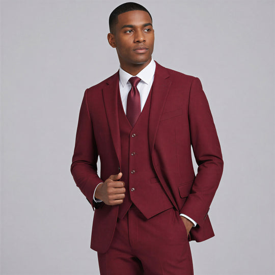 Burgundy 3-Piece Suit with Large Notch Lapel – Wedding & Prom