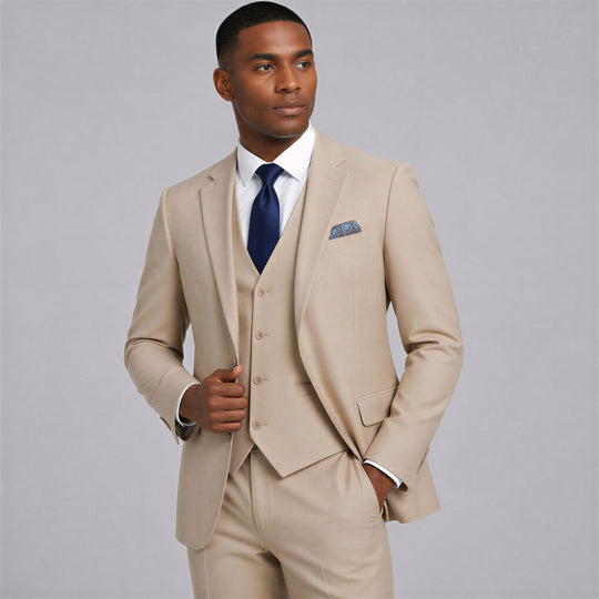 Tan 3-Piece Suit with Large Notch Lapel – Wedding & Prom