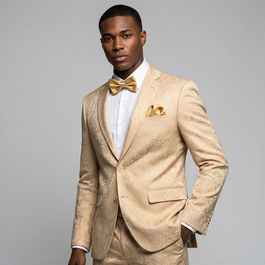 Beige Floral Jacquard Slim Fit 2-Piece Suit