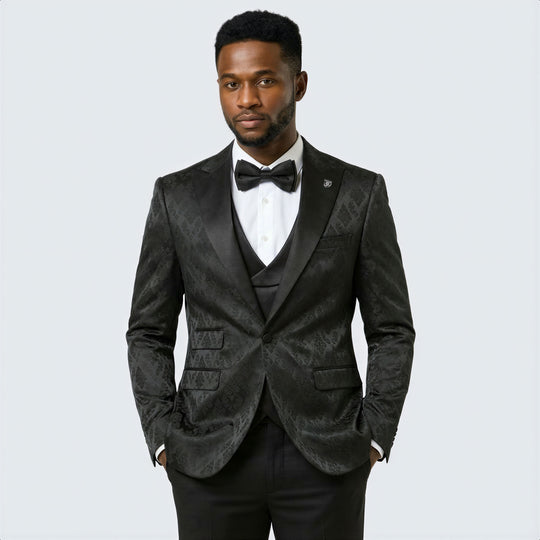 Black Satin Damask 4-Piece Tuxedo Set with Peak Lapel – Wedding & Prom