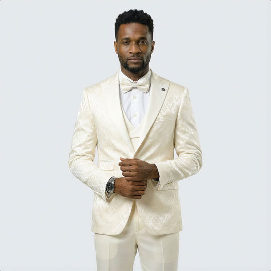 Off-White / Ivory Satin Damask 4-Piece Tuxedo Set with Peak Lapel – Wedding & Prom