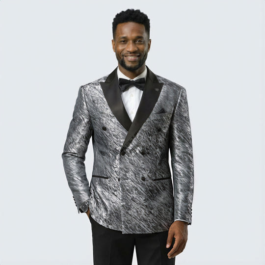 Grey Jacquard Double-Breasted Tuxedo Jacket with Black Satin Peak Lapel – Wedding & Prom