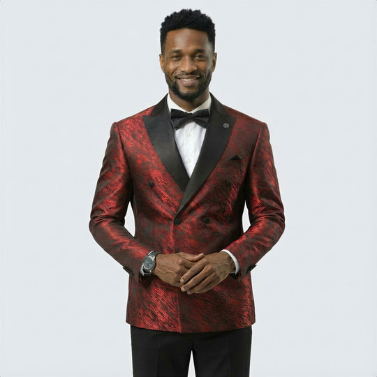 Red Jacquard Double-Breasted Tuxedo Jacket with Black Satin Peak Lapel – Wedding & Prom