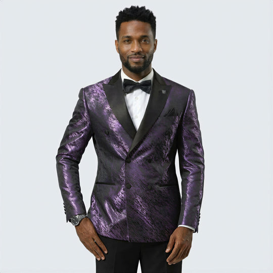 Purple Jacquard Double-Breasted Tuxedo Jacket with Black Satin Peak Lapel – Wedding & Prom