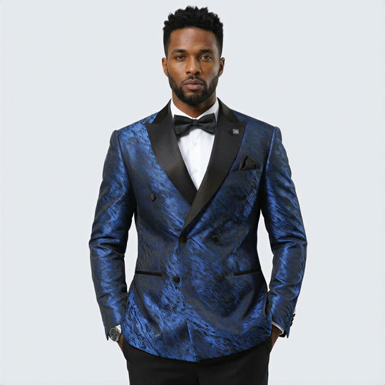 Royal Blue Jacquard Double-Breasted Tuxedo Jacket with Black Satin Peak Lapel – Wedding & Prom
