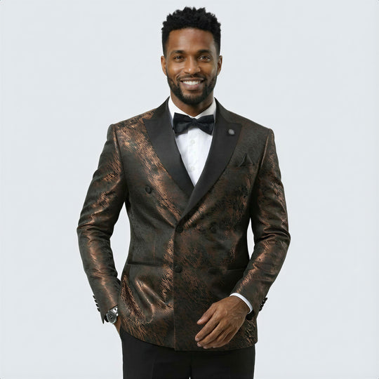 Brown Jacquard Double-Breasted Tuxedo Jacket with Black Satin Peak Lapel – Wedding & Prom