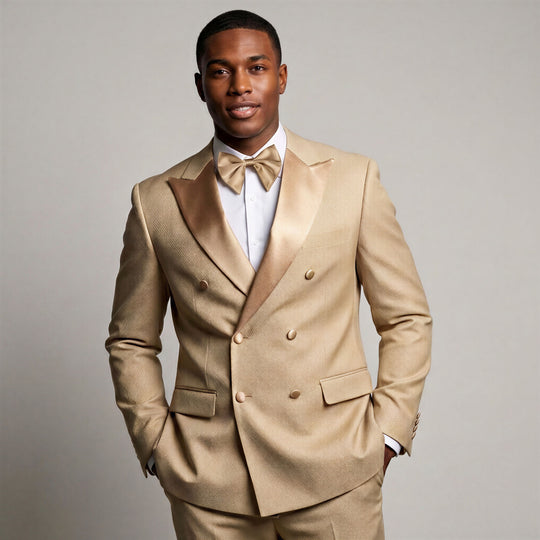 Beige Textured Modern Fit Double Breasted Tuxedo