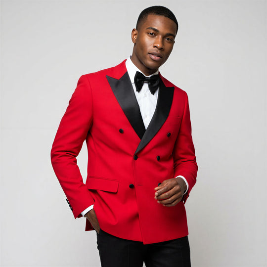 Red Textured Modern Fit Double Breasted Tuxedo