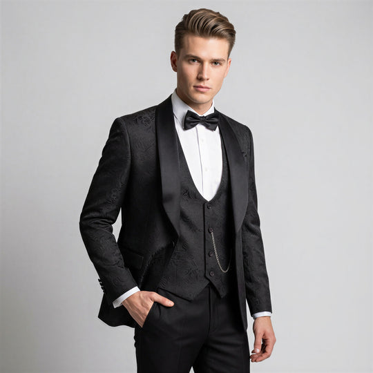 Black Jacquard Slim Fit 3-Piece Shawl Tuxedo