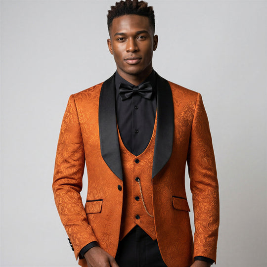 Burnt Orange Jacquard Slim Fit 3-Piece Shawl Tuxedo