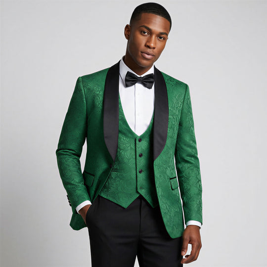 Green Jacquard Slim Fit 3-Piece Shawl Tuxedo