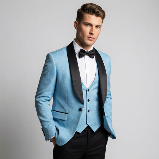 Light Blue Jacquard Slim Fit 3-Piece Shawl Tuxedo